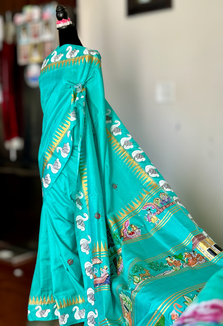 Ramayan theme Odisha Pattachitra on Kanjivaram soft silk saree