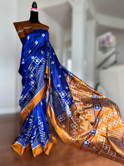 Blue with orange color handwoven ikat pure silk saree|Odisha Weaves|Contemporary Ikat|Antara