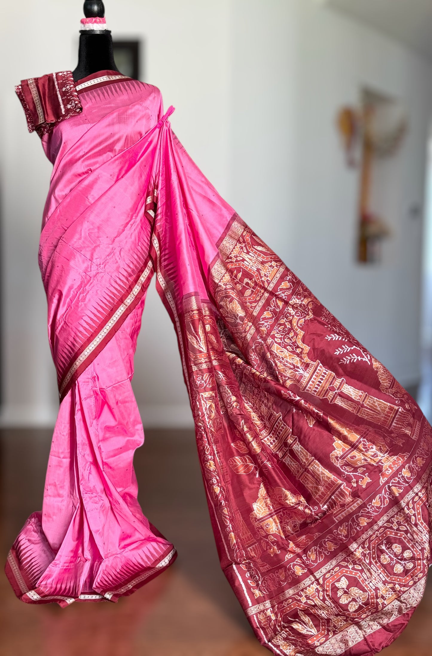 Pink Sambalpuri Ikat Pure Silk Saree with “Triphala” Ikat Pallu and Maroon Border