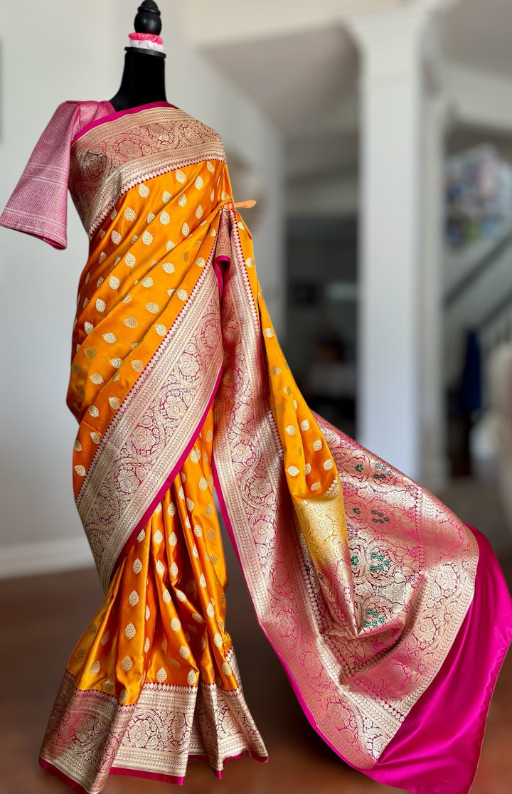 Orange Handloom Banarasi Silk Saree With Stitched Blouse