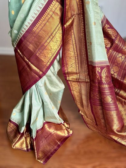 Light Sage Green vintage Checks Gadwal Pure Silk Saree with zari buttas and contrast Maroon border