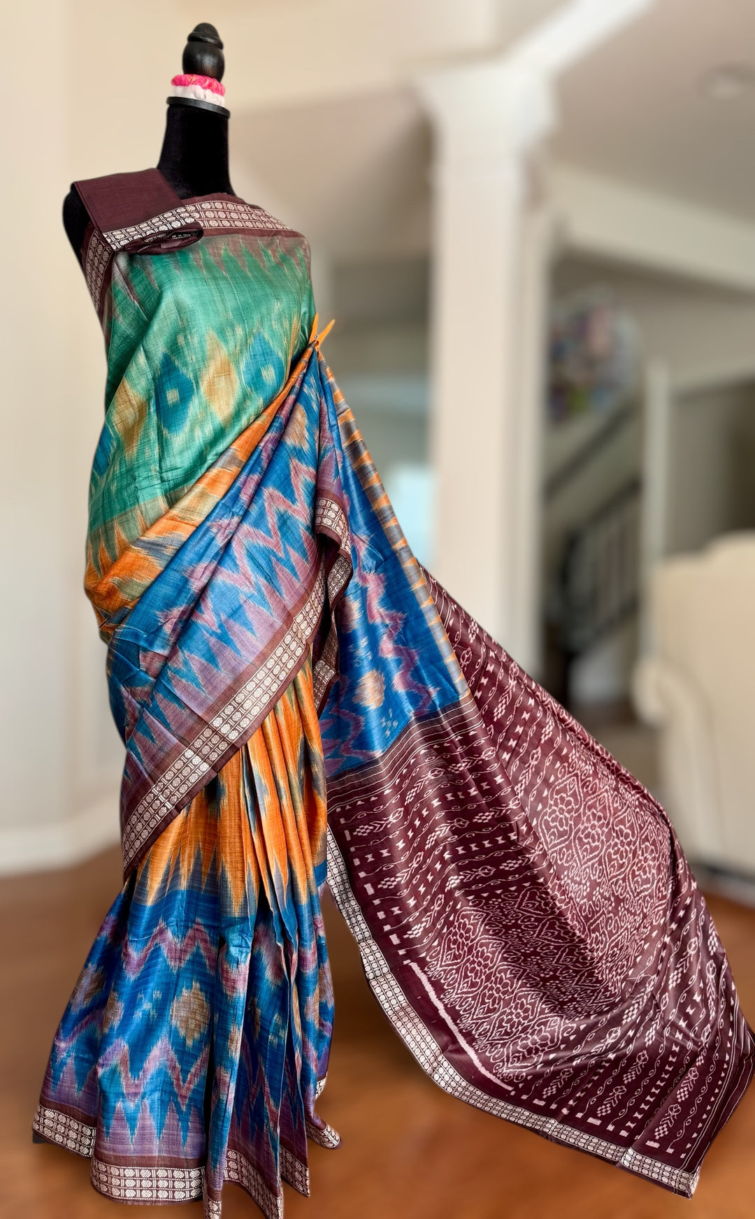 Multi colored Gopalpur handwoven pure Tussar silk saree with ikat pallu|Odisha weaves