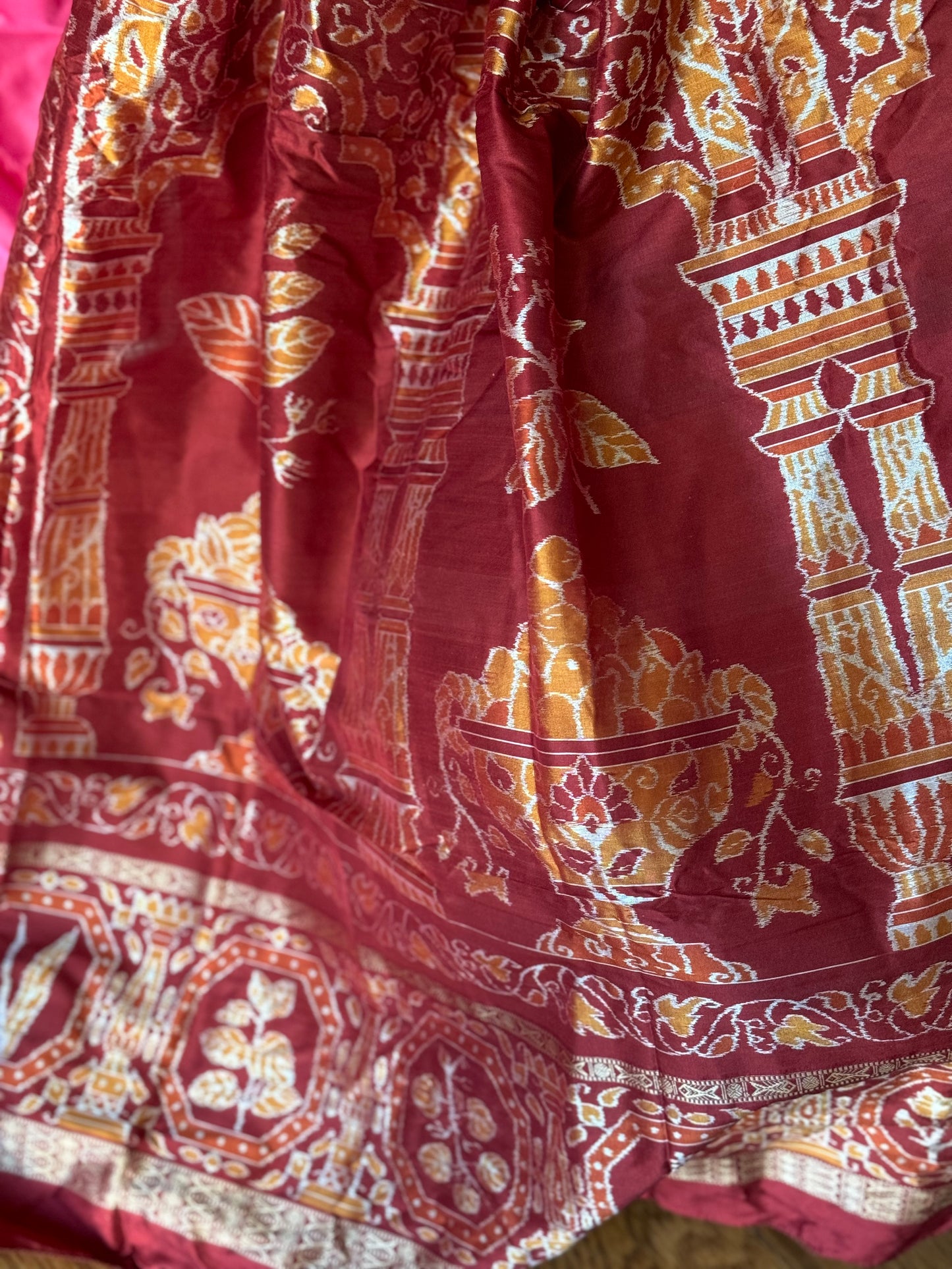 Pink Sambalpuri Ikat Pure Silk Saree with “Triphala” Ikat Pallu and Maroon Border