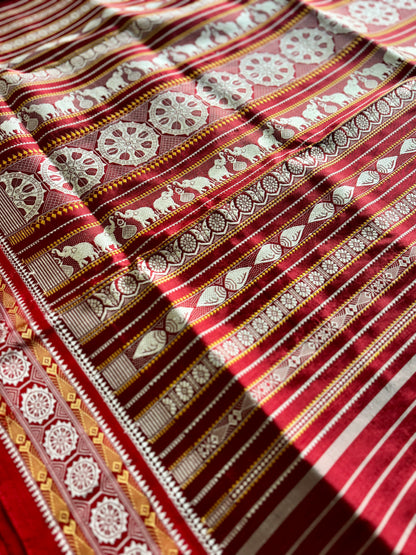 Black with red combinations contemporary ikat from Odisha weaves with konark chakra jala weaving