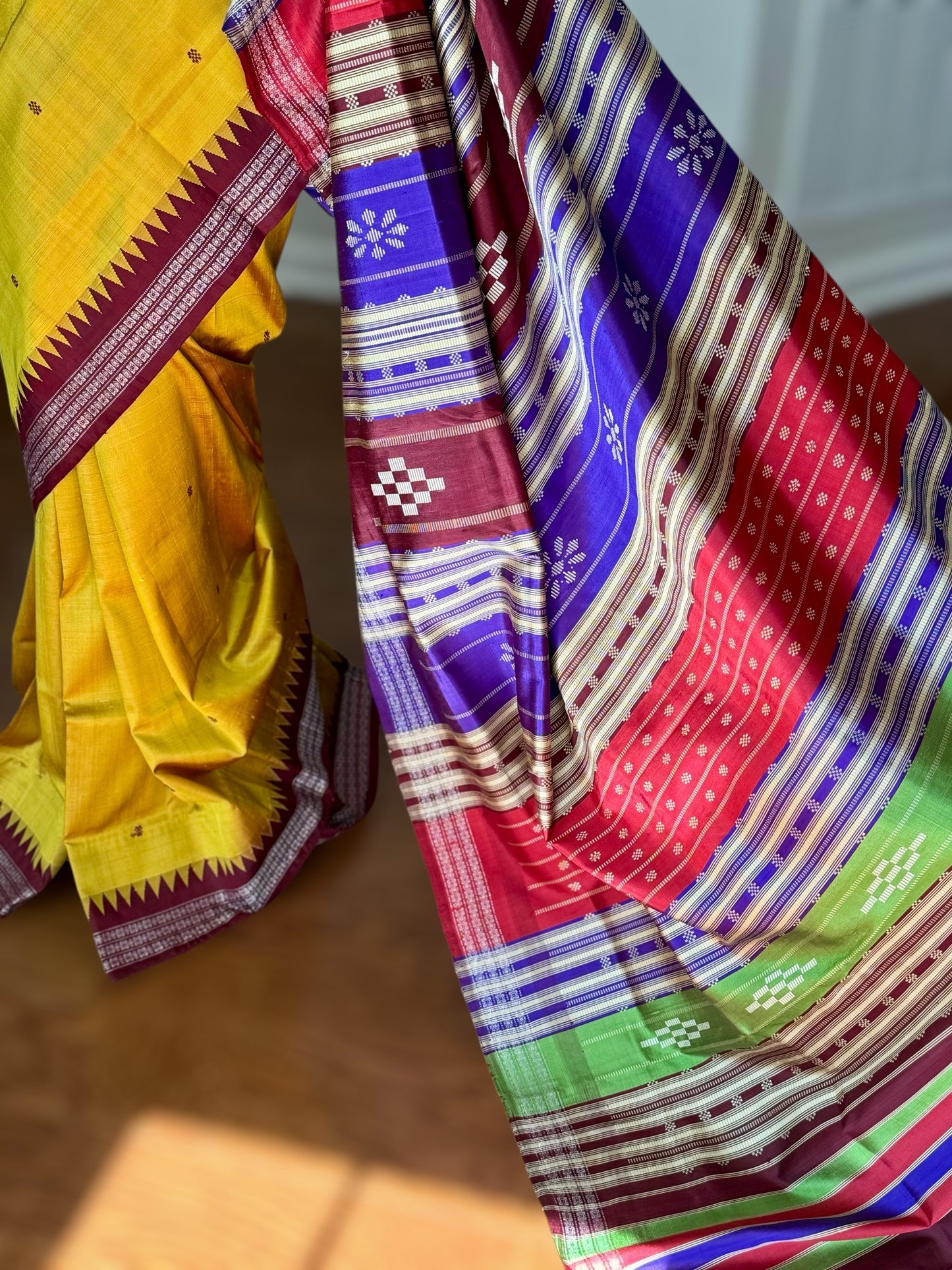 Mustard with brown combination Berhampuri Pure Silk Saree with Colorful double pallu