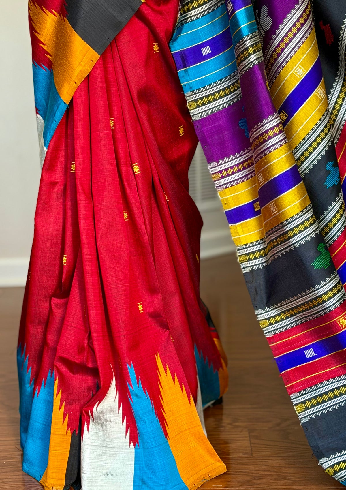 Maroon Berhampuri Pure Silk Saree with multi color Double pallu