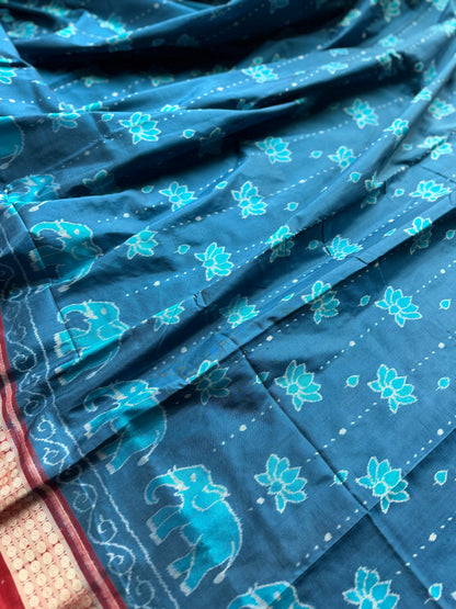 Teal blue and maroon handwoven Sambalpuri thousand motif pure Ikkat silk saree | Odisha Weaves