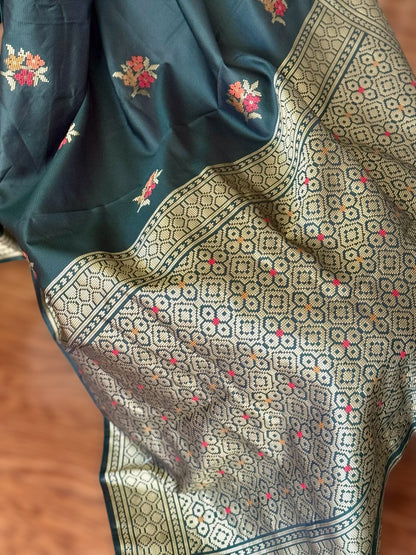 Elegant Dark green designer weaved and textured saree with stitched blouse| Value Vogue