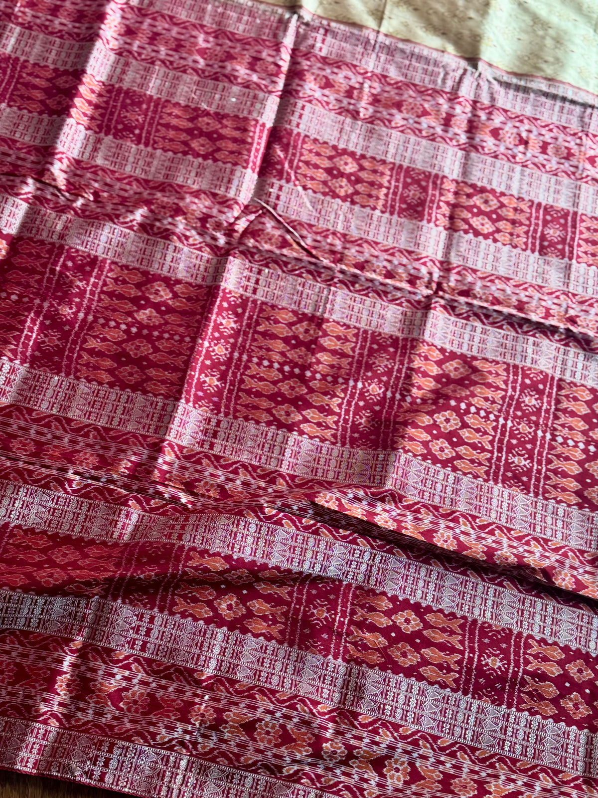 Golden baige and maroon-ish red handwoven Sambalpuri pure Ikkat silk saree | Odisha Weaves