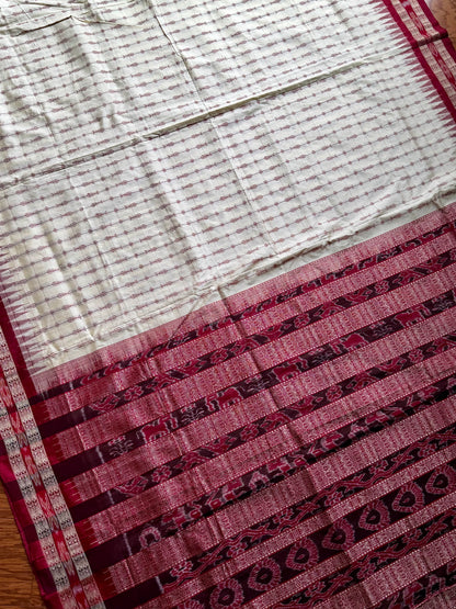 Offwhite (cream) and maroon handwoven Sambalpuri thousand motif pure Ikkat silk saree | Odisha Weaves (Copy)