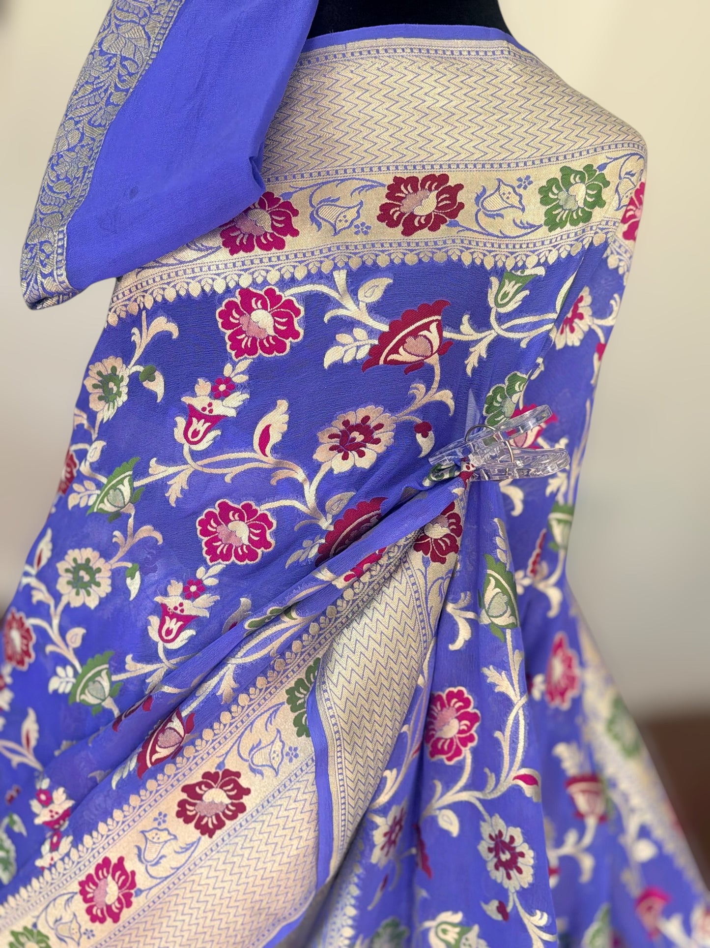 Light lavender-ish blue Banarasi hand woven pure khaddi georgette saree with Tilfi meenakari
