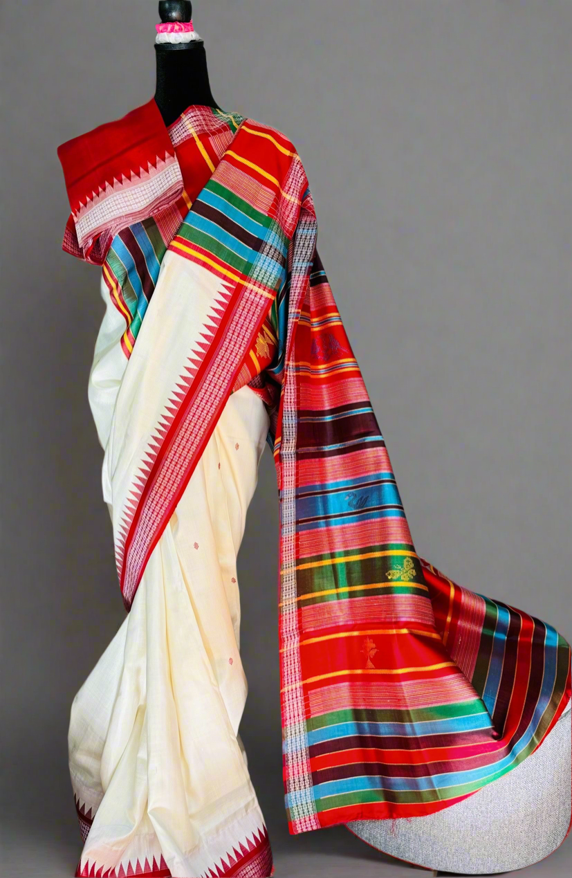 White and Red Berhampuri Double pallu Pure Silk Saree| Odisha Weaves