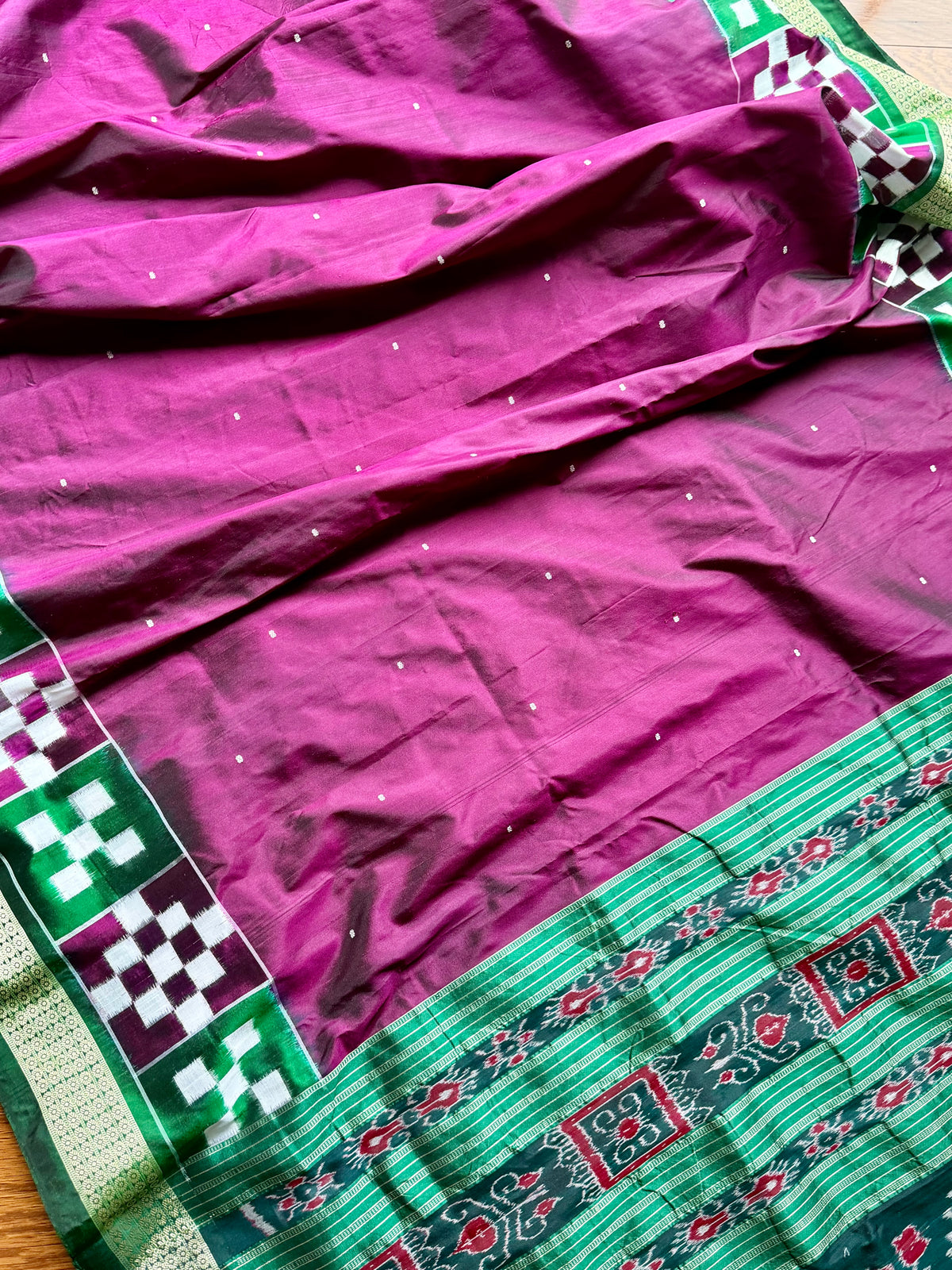 Plum and green combination Sambalpuri pasapali handwoven Ikkat semi-silk saree| Odisha Weaves