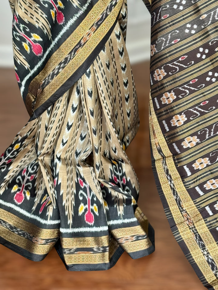 Handwoven Pure Silk ikat Khandua Saree Beige-Gold|Mishrita |Odisha Weaves