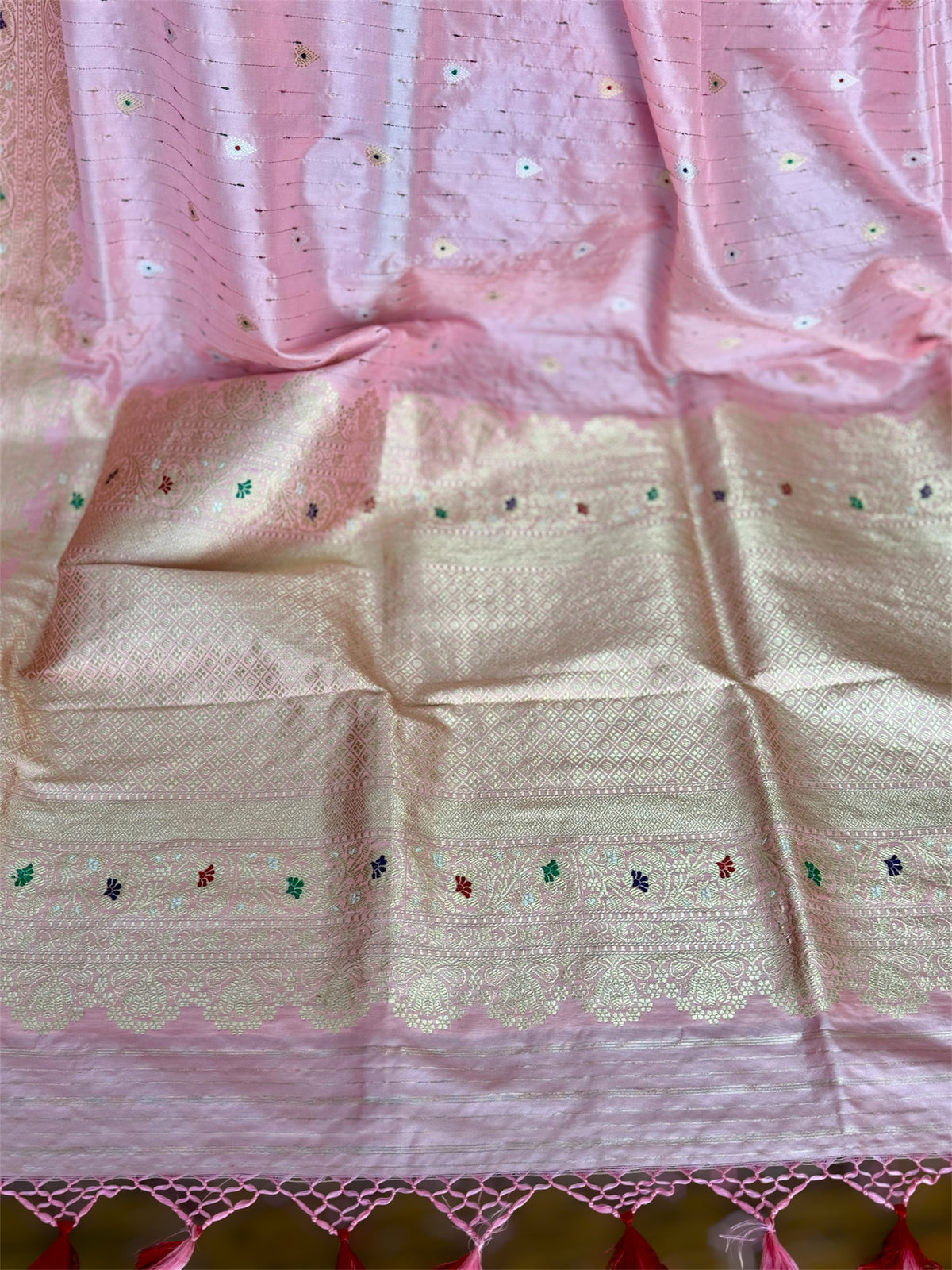 Luxurious Light Peach handwoven pure silk saree with Kadhwa, meenakari work