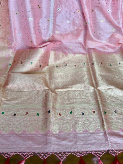Luxurious Light Peach handwoven pure silk saree with Kadhwa, meenakari work