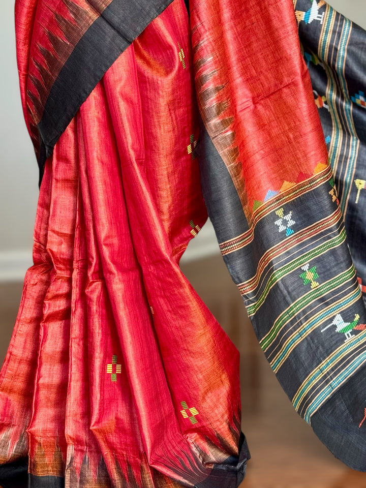 Orangish red Gopalpur Handwoven Tussar Saree with Ganjam Bomkai Pallu - Traditional Indian Saree|Odisha weaves