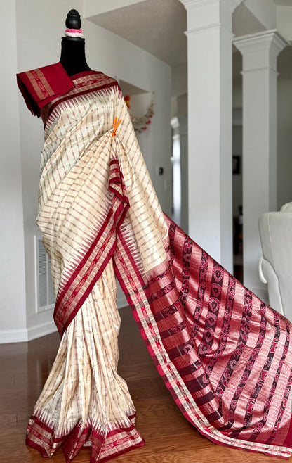 Offwhite (cream) and maroon handwoven Sambalpuri thousand motif pure Ikkat silk saree | Odisha Weaves (Copy)