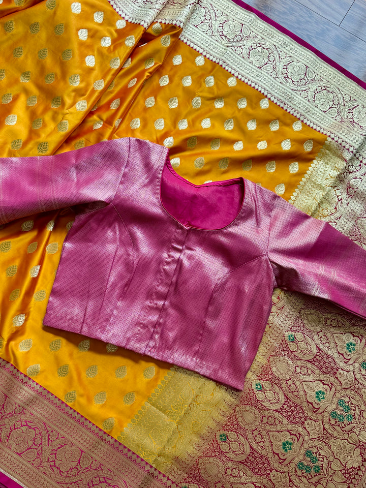 Orange Handloom Banarasi Silk Saree With Stitched Blouse