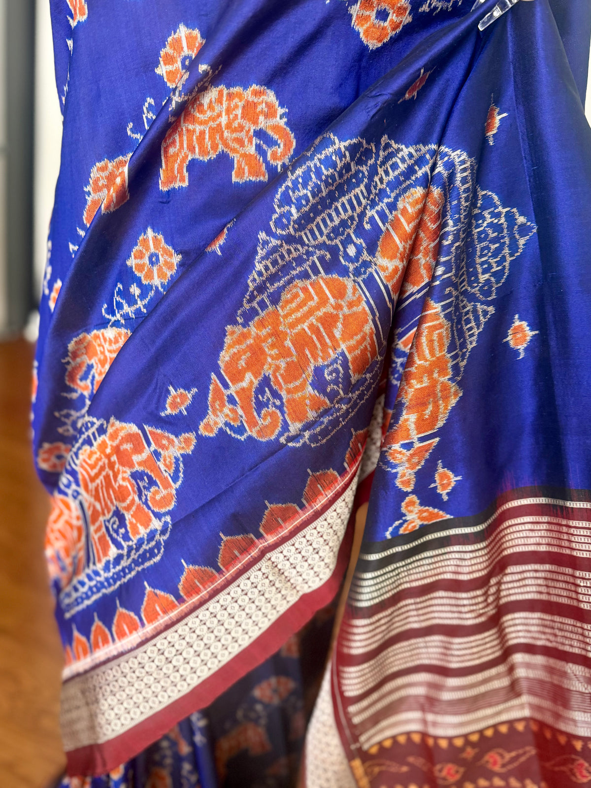 Blue & Maroon Sambalpuri Handwoven Ikat Elephant Motif pure silk Saree | Odisha weaves