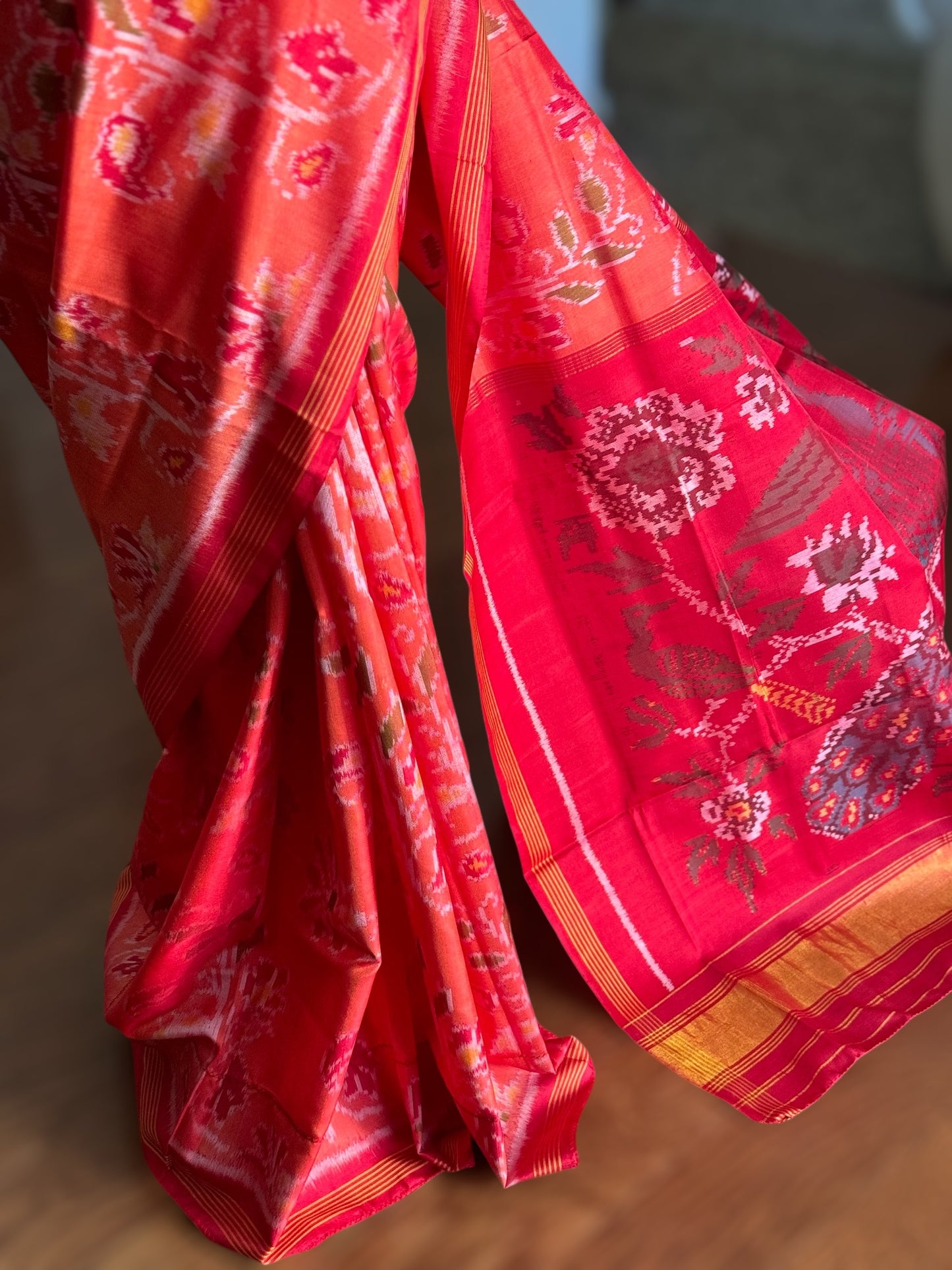 Peach color semi (double) ikat patan Patola pure silk saree