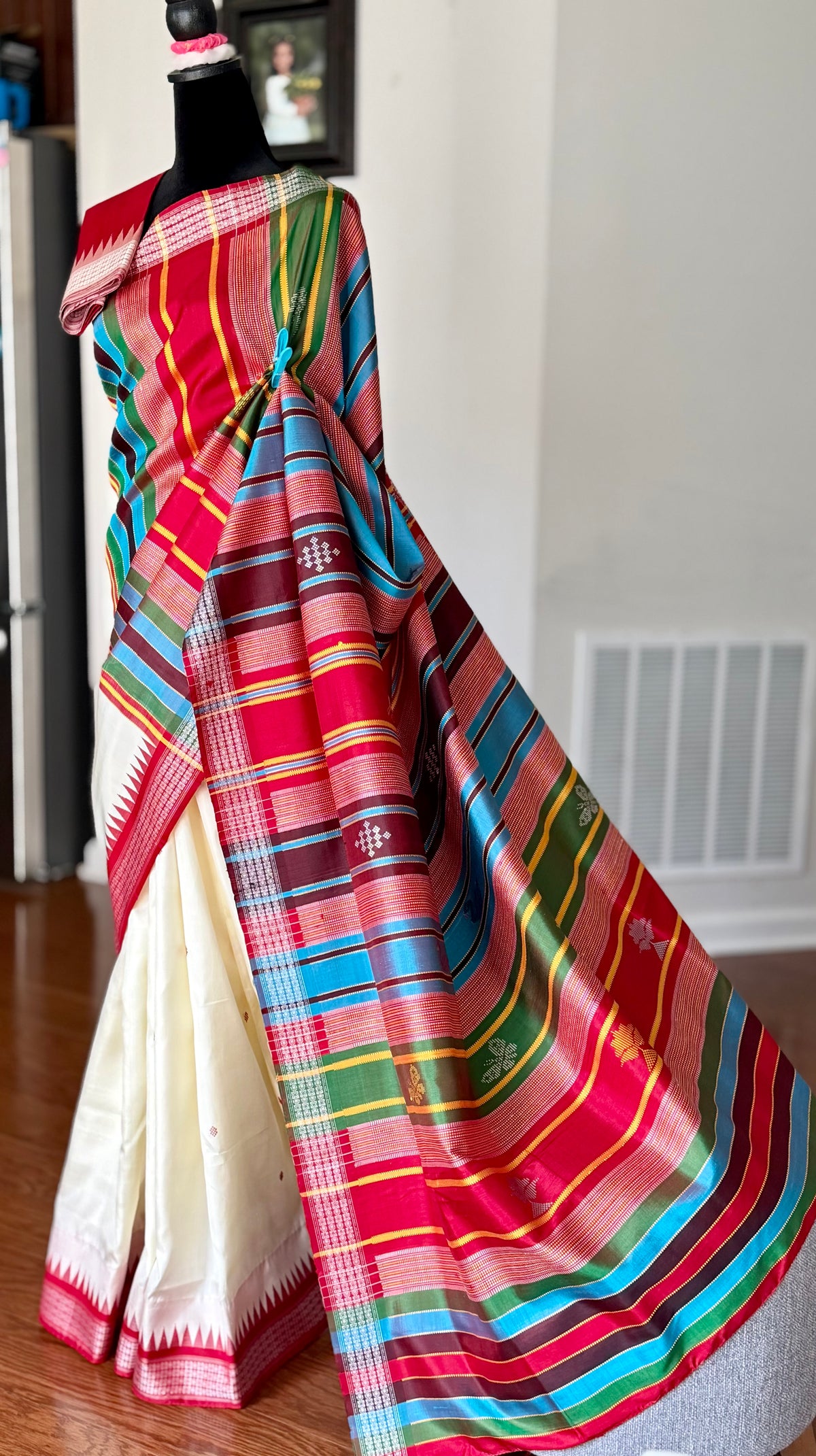 Off- White and Red Berhampuri Double pallu Pure Silk Saree| Odisha Weaves