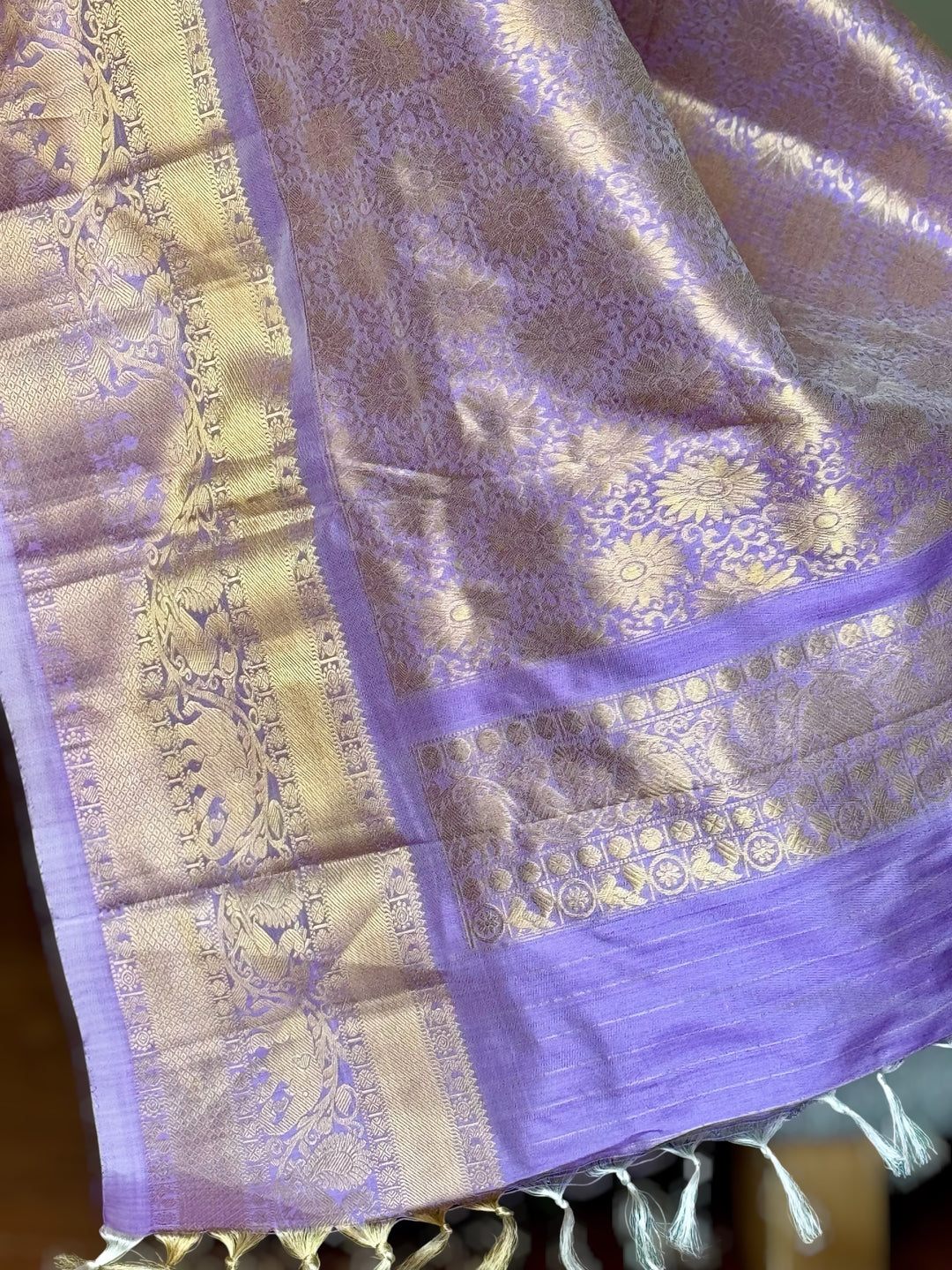 Lavender Ikkat (Pochampally)Fusion Silk Saree with Zari Woven Kanchipuram Border and Unstitched Blouse