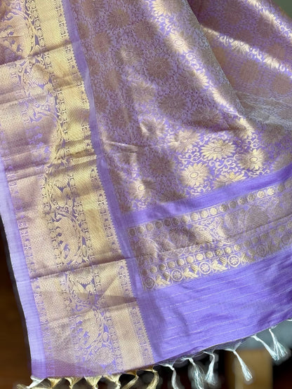 Lavender Ikkat (Pochampally)Fusion Silk Saree with Zari Woven Kanchipuram Border and Unstitched Blouse