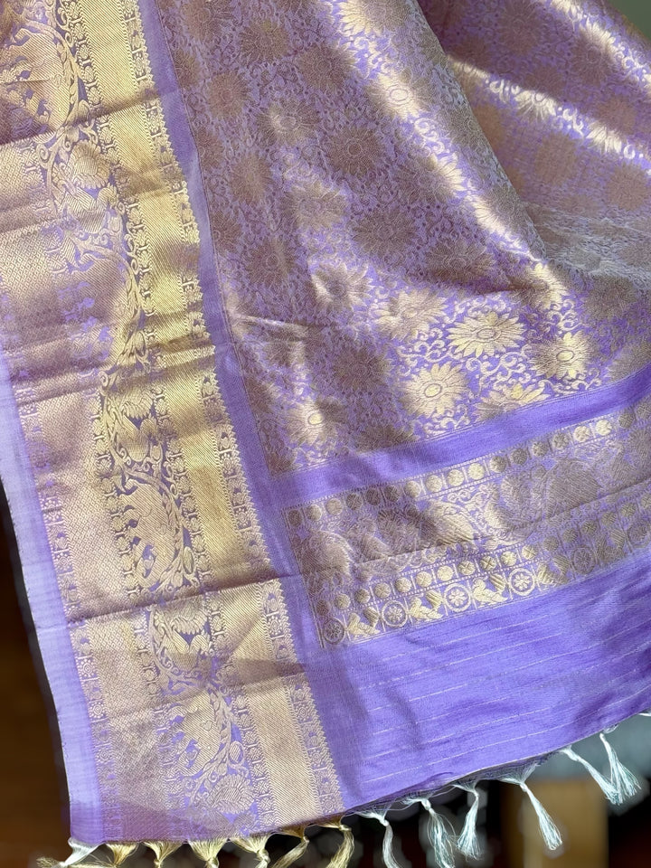 Lavender Ikkat (Pochampally)Fusion Silk Saree with Zari Woven Kanchipuram Border and Unstitched Blouse
