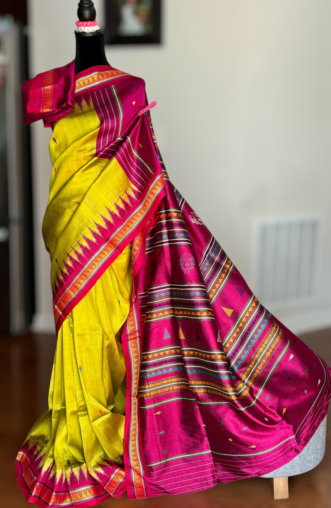 Light green and magenta pink combination Dongria double pallu contemporary ikat pure silk saree