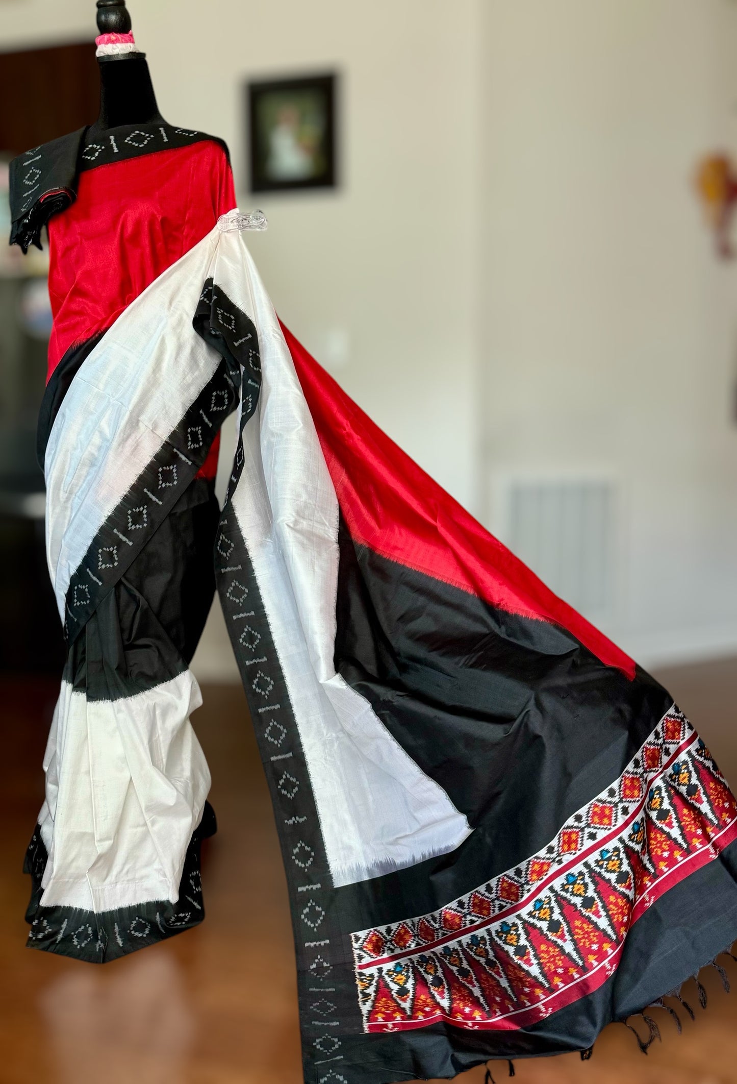 Red Black White Double ikat Pochampally ikat pure silk saree