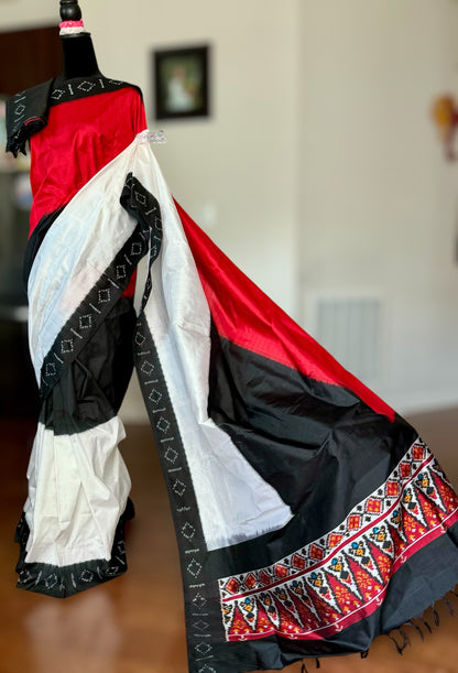 Red Black White Double ikat Pochampally ikat pure silk saree