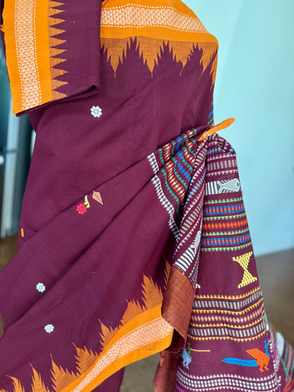 Maroon Original Ganjam Bomkai Cotton Saree from Odisha Weaves