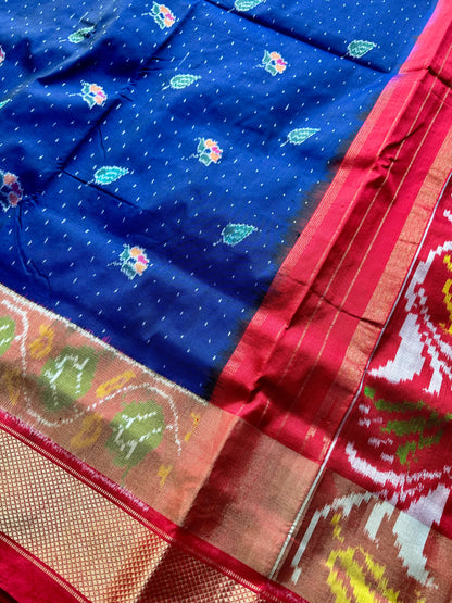 Elephant Pallu night blue with red combination Pochampally ikat pure silk saree