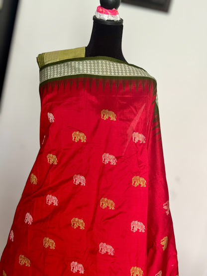 Red with mehendi green elephant motif Exclusive Bomkai pure silk Saree