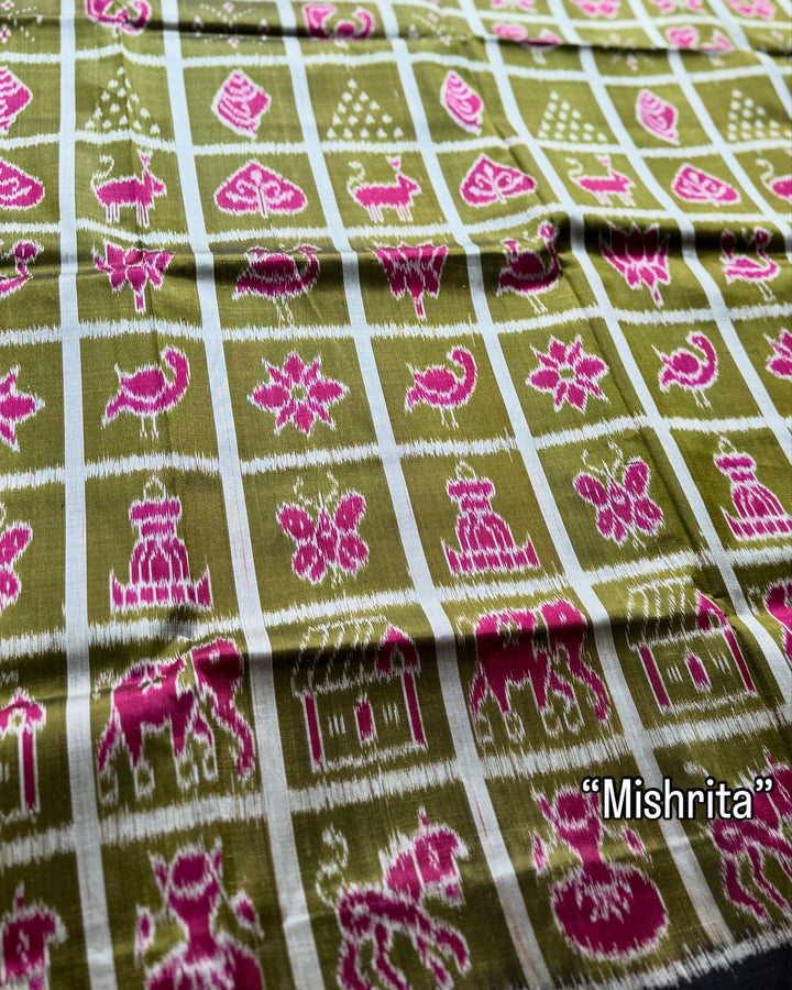 Olive Green Nabakothi Contemporary Ikat Pure Silk Saree|Odisha Weaves|Mishrita