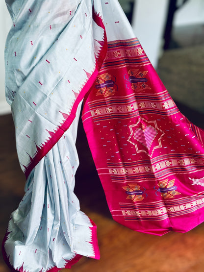 Blueish Grey with Magenta Phoda kumbha Sambalpuri Puri Silk Saree with Dobby weaved Pallu