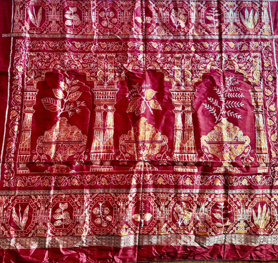 Pink Sambalpuri Ikat Pure Silk Saree with “Triphala” Ikat Pallu and Maroon Border |Odisha Weaves