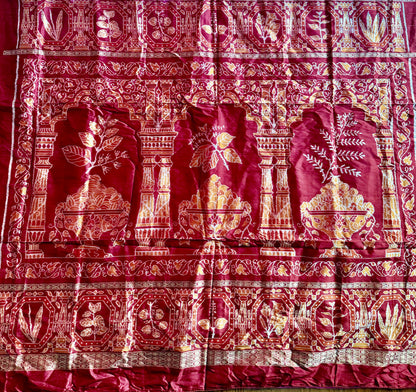 Pink Sambalpuri Ikat Pure Silk Saree with “Triphala” Ikat Pallu and Maroon Border