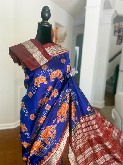 Blue & Maroon Sambalpuri Handwoven Ikat Elephant Motif pure silk Saree | Odisha weaves