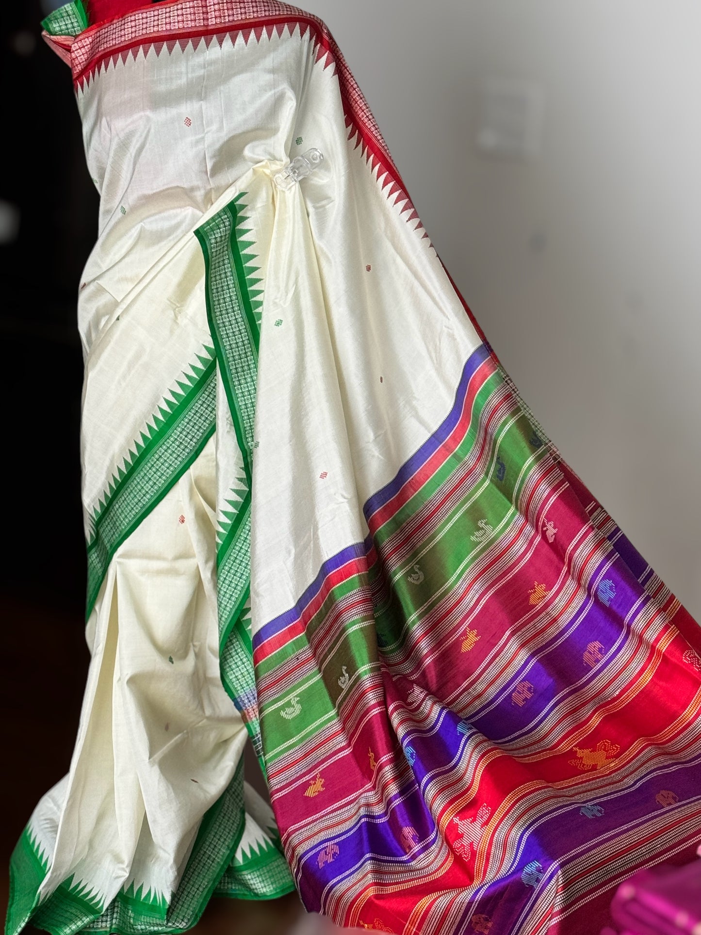 Red and Green Ganga Jamuna Berhampuri pure silk single pallu pure silk saree in white