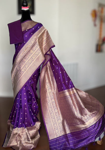 Exquisite piece of Banarasi handloom katan pure silk saree in purple