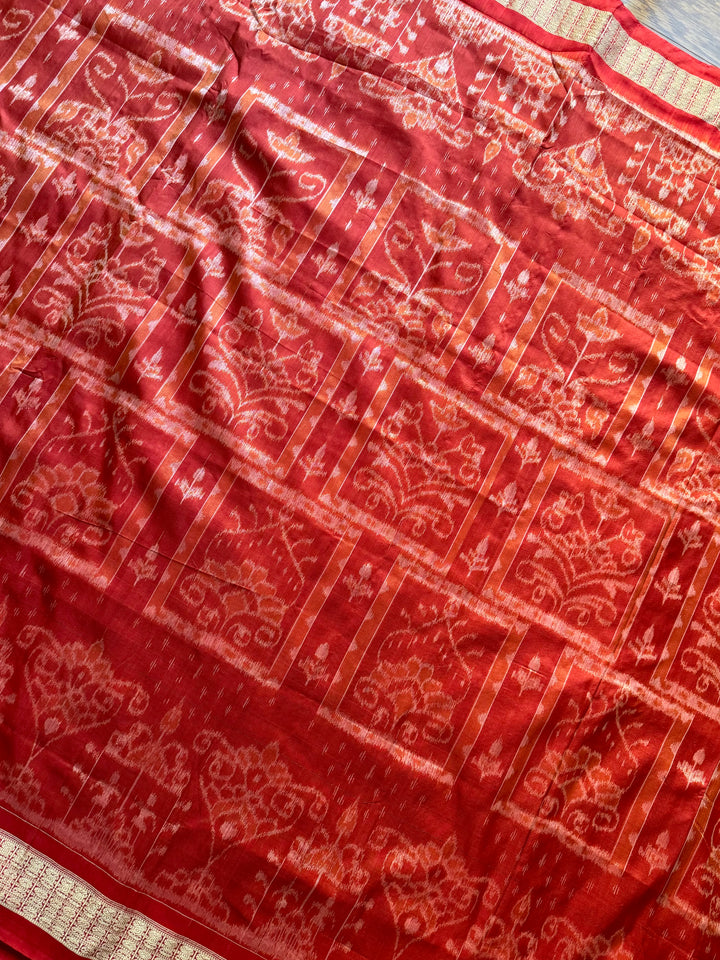 Dark Coral Red handwoven Sambalpuri Ikat Silk saree |Odisha Weaves
