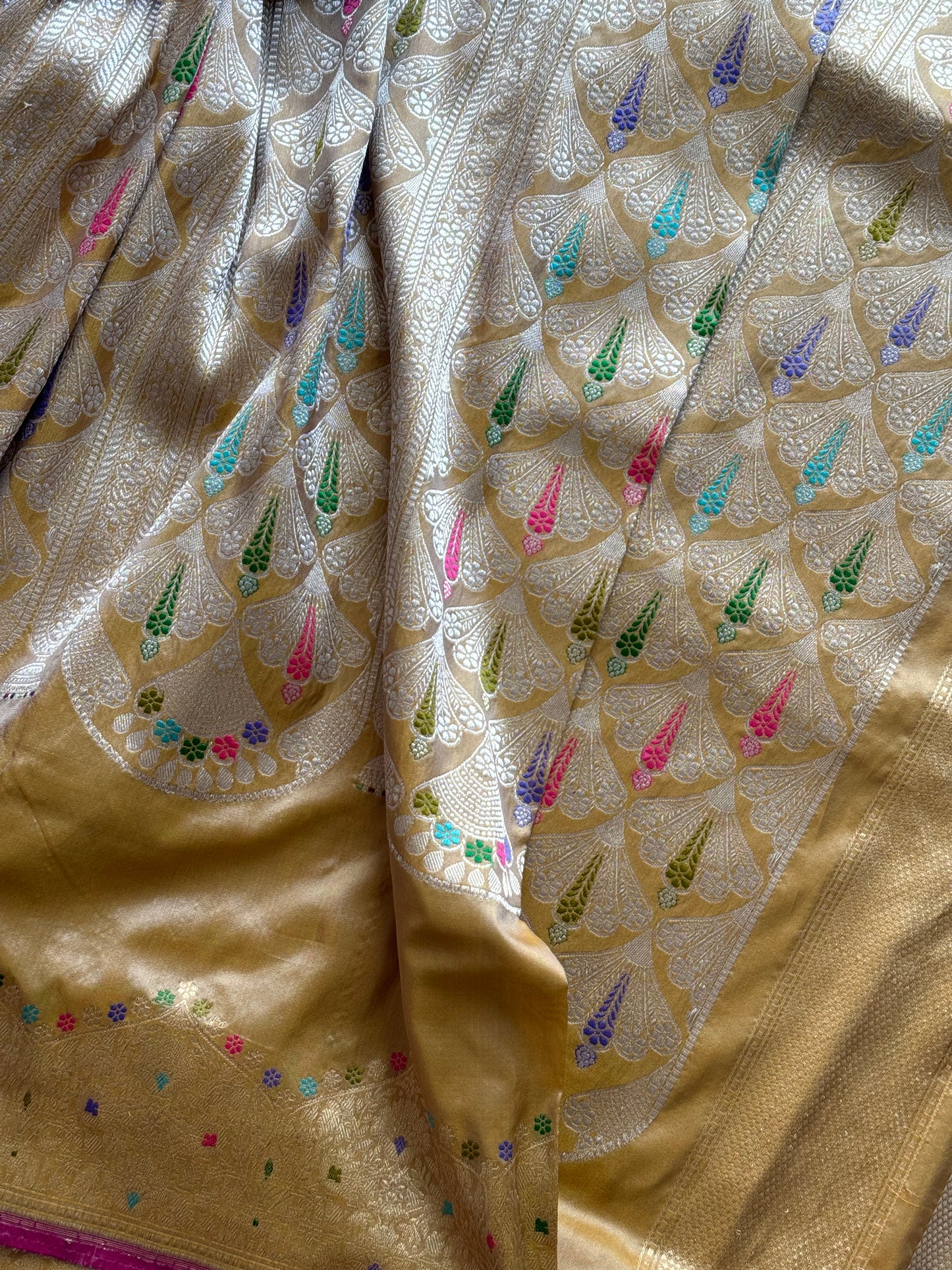 Champagne Color Banarasi ektara weaved pure katan silk saree with Kadhwa Janngla and meenakari work