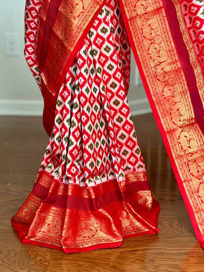 Red Twill Ikkat (Pochampally)handwoven pure silk Saree with Zari Woven Kanchipuram Border