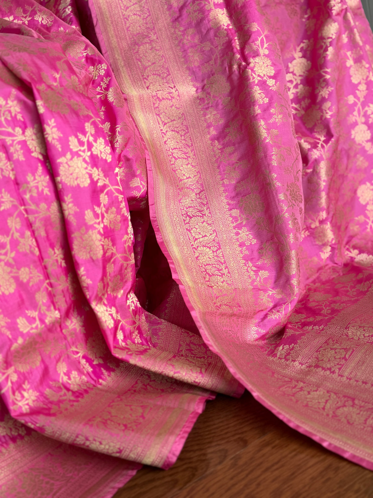 Pink Banarasi handwoven pure silk with floral jaal work
