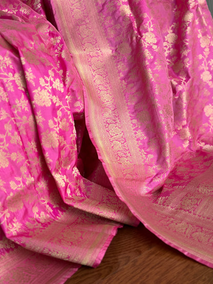 Pink Banarasi handwoven pure silk with floral jaal work