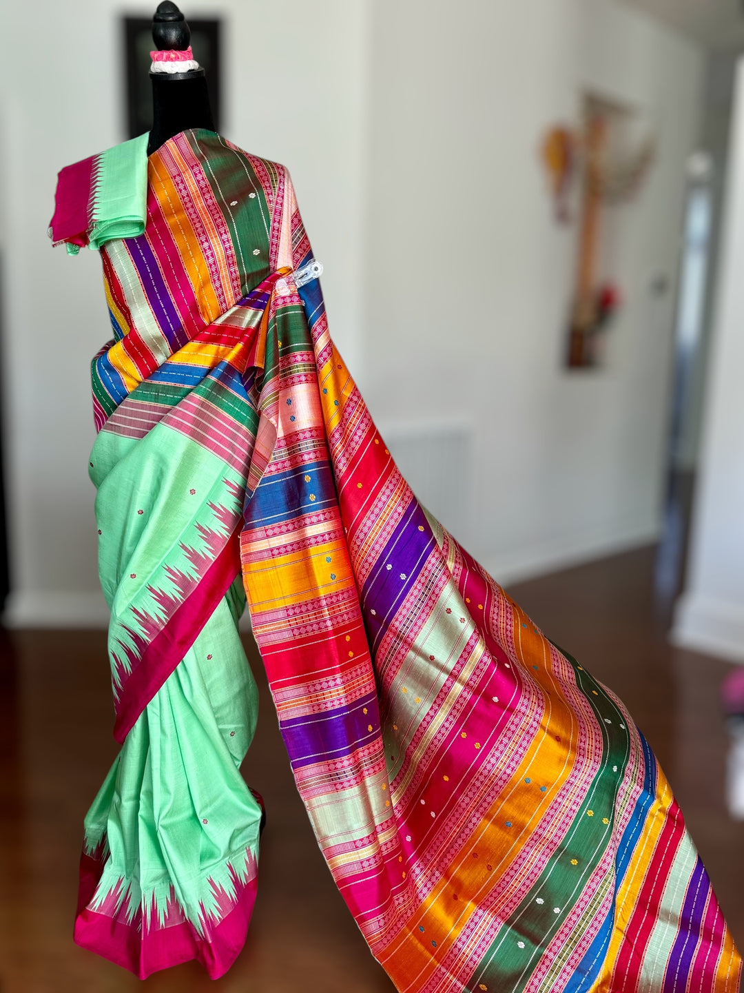 Aqua color Berhampuri Pure Silk Saree with Colorful double pallu