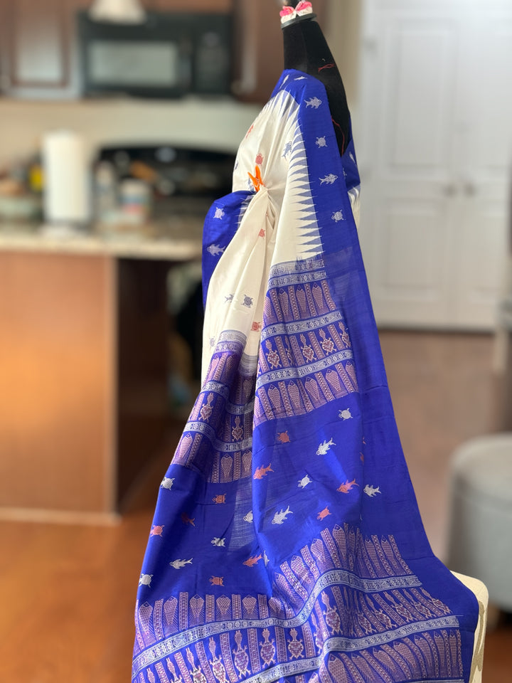 White and Blue combination exquisite piece of Bomkai Pure Silk Saree