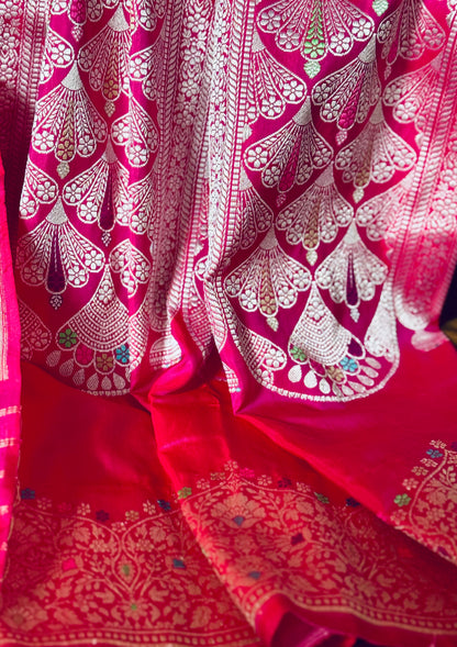 Luxurious Pink Banarasi ektara weaved pure katan silk saree with Kadhwa Janngla and meenakari work